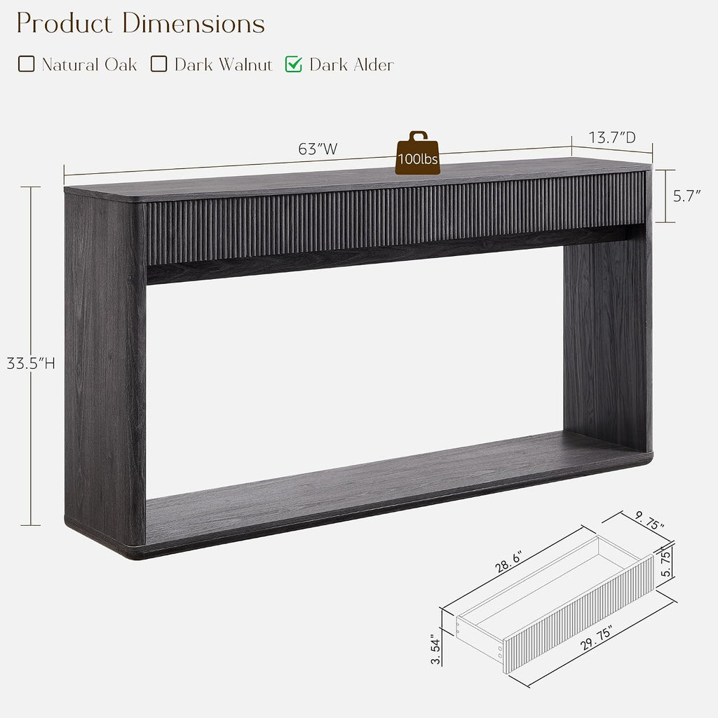 OKD 63' Fluted Console Table for Entryway, Modern Entryway Table with 2 Large Drawers, Long Sofa Table Behind Couch for Living Room, Hallway, Couch, Foyer，Dark Alder