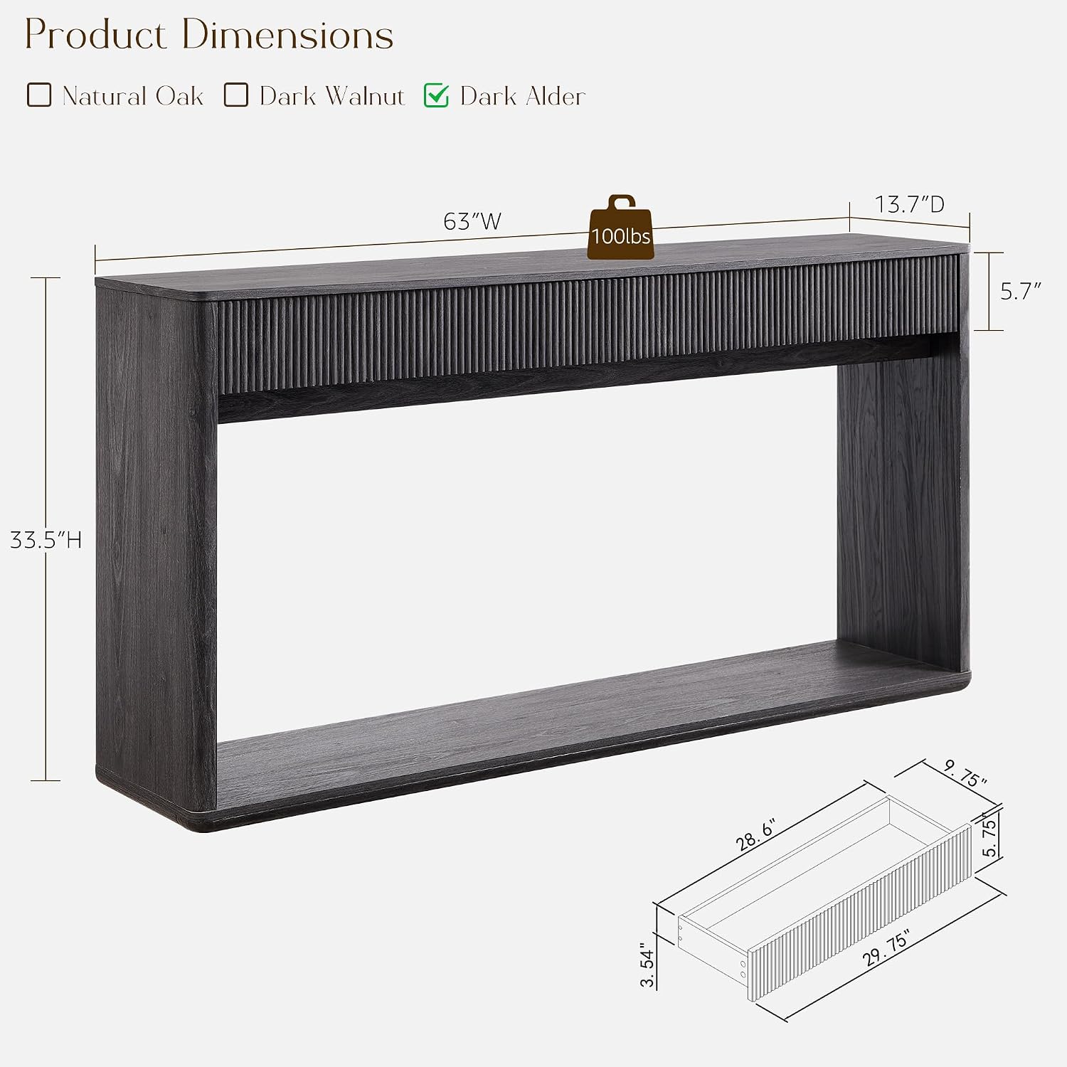 OKD 63' Fluted Console Table for Entryway, Modern Entryway Table with 2 Large Drawers, Long Sofa Table Behind Couch for Living Room, Hallway, Couch, Foyer，Dark Alder