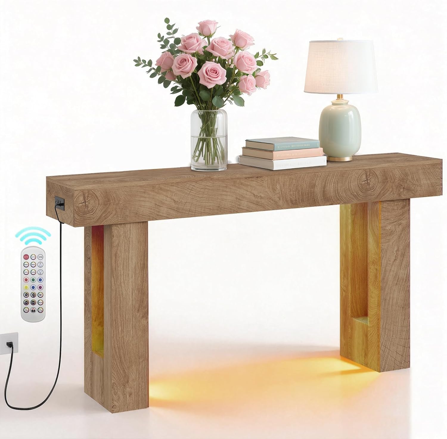 63' Long Console Table with Power Outlet LED Lights, Modern Entryway Table with Human Sensor Light, Large Industrial Hallway Accent Furniture for Living Room, Entryway, Hallway