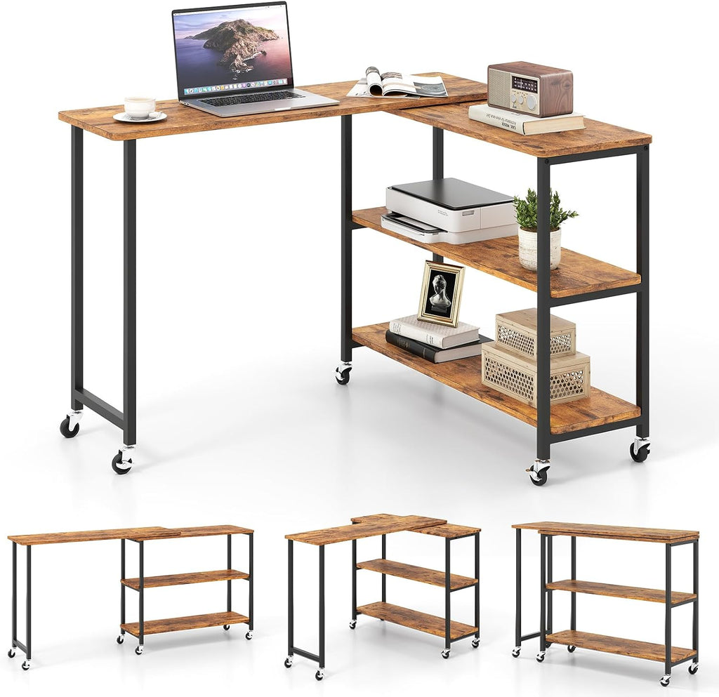 Giantex 360° Free Rotating Sofa Side Table, Patented Mobile End Table with 2-Tier Storage Shelves, 6 Universal Casters, Movable Laptop Tables for Snack, Couch, Light Brown