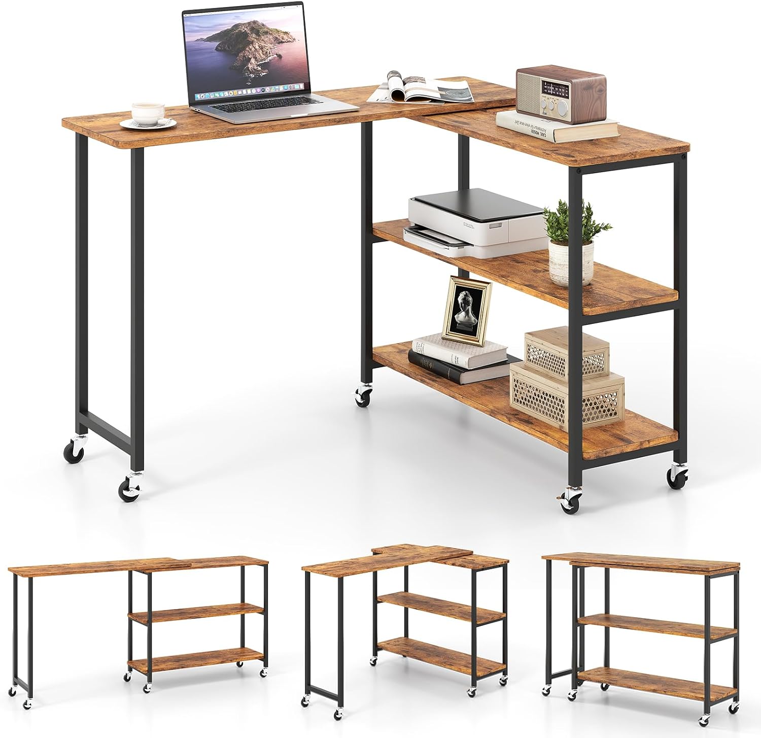 Giantex 360° Free Rotating Sofa Side Table, Patented Mobile End Table with 2-Tier Storage Shelves, 6 Universal Casters, Movable Laptop Tables for Snack, Couch, Light Brown