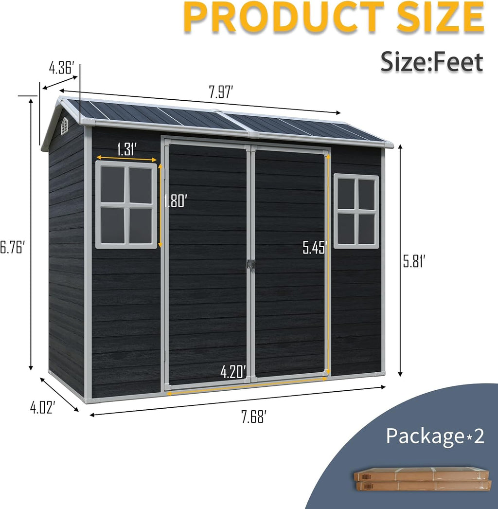 KUIKUI Outdoor Storage Shed with Floor, 4x8ft Resin Storage Sheds with 2 Windows and Lockable Door for Garden Tools, Backyard, Bike, Black