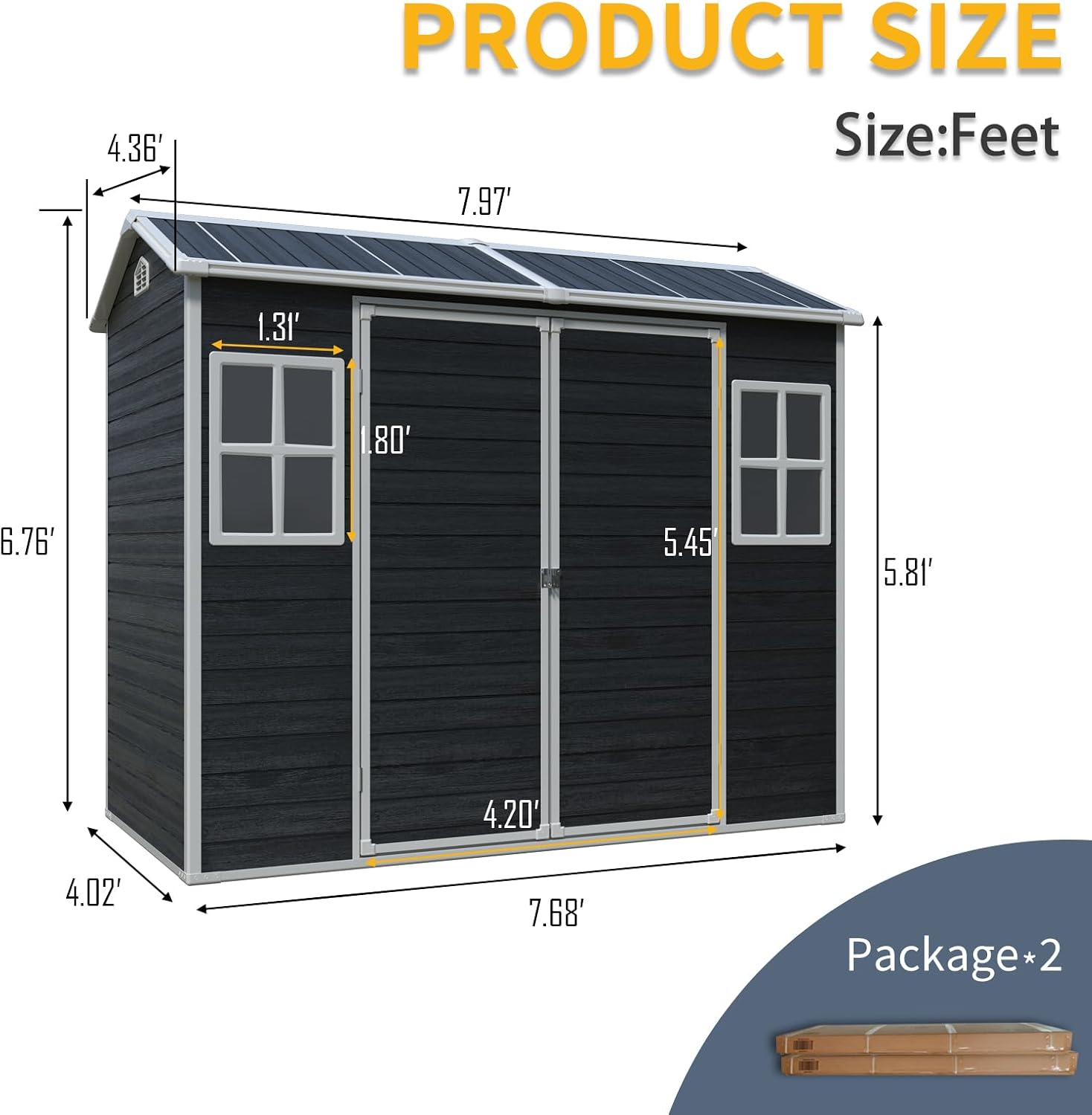 KUIKUI Outdoor Storage Shed with Floor, 4x8ft Resin Storage Sheds with 2 Windows and Lockable Door for Garden Tools, Backyard, Bike, Black