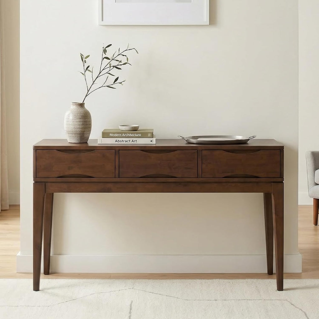 SIMPLIHOME Harper Console Table - 54 Inch Wide Solid Hardwood Sofa Table in Walnut Brown, Mid-Century Modern Storage Table for Entryway or Living Room with 3 Drawers, Notched Handles, and Tapered Legs