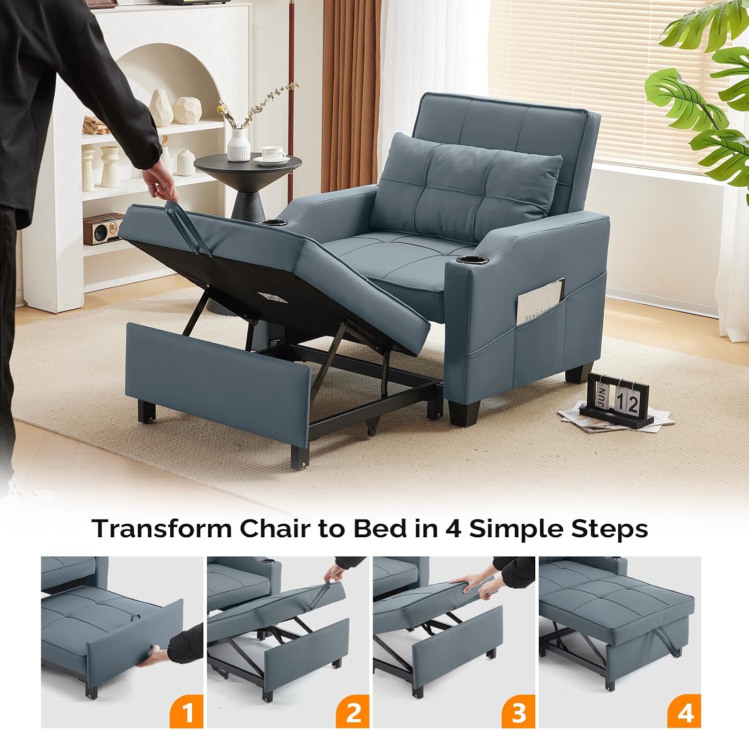 VINGLI 3-in-1 Convertible Sofa Bed, Recliner with Adjustable Backrest, USB Ports, Cup Holders for Small Spaces, Living Room