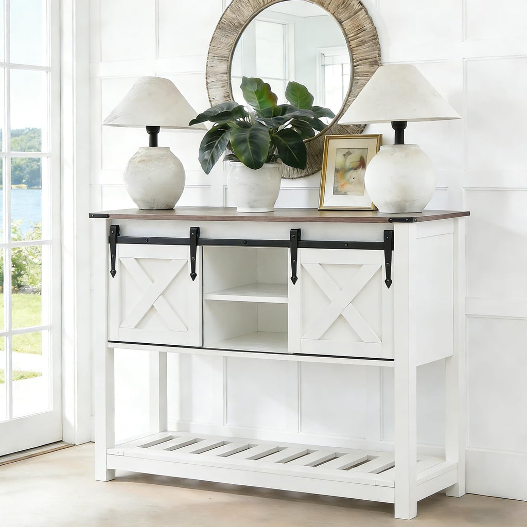 Farmhouse Entryway Table with Sliding Barn Doors, Wood Console Table with Storage Shelf, Rustic Sofa Table for Living Room, Entryway, Foyer, White