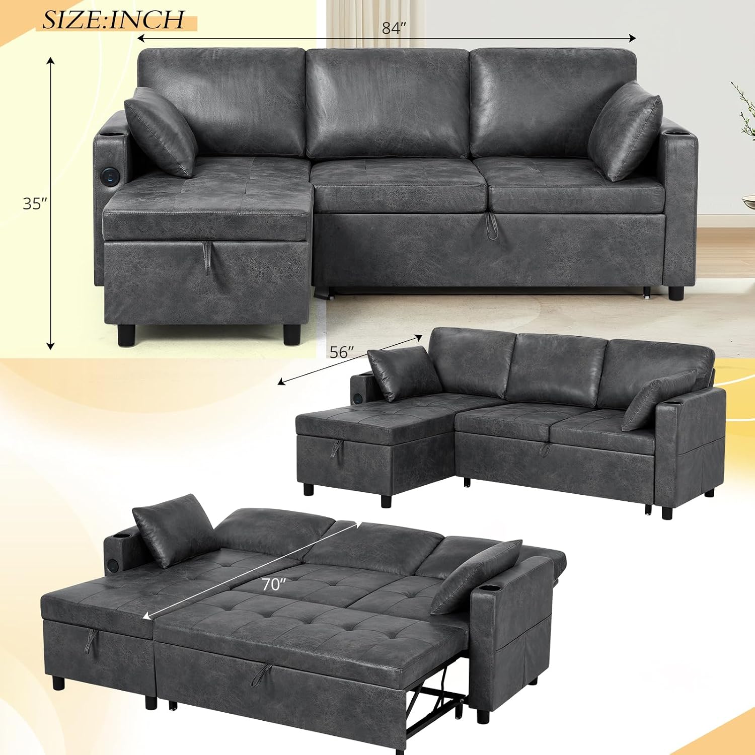 84 inches Suede Leather Sleeper Sofa w/Pull Out Bed, L-Shape Sectional Sofa Bed w/Adjustable Backrest and Storage Chaise, 3-Seats Upholstered Sofa Bed w/USB Port for Living Room, Grey