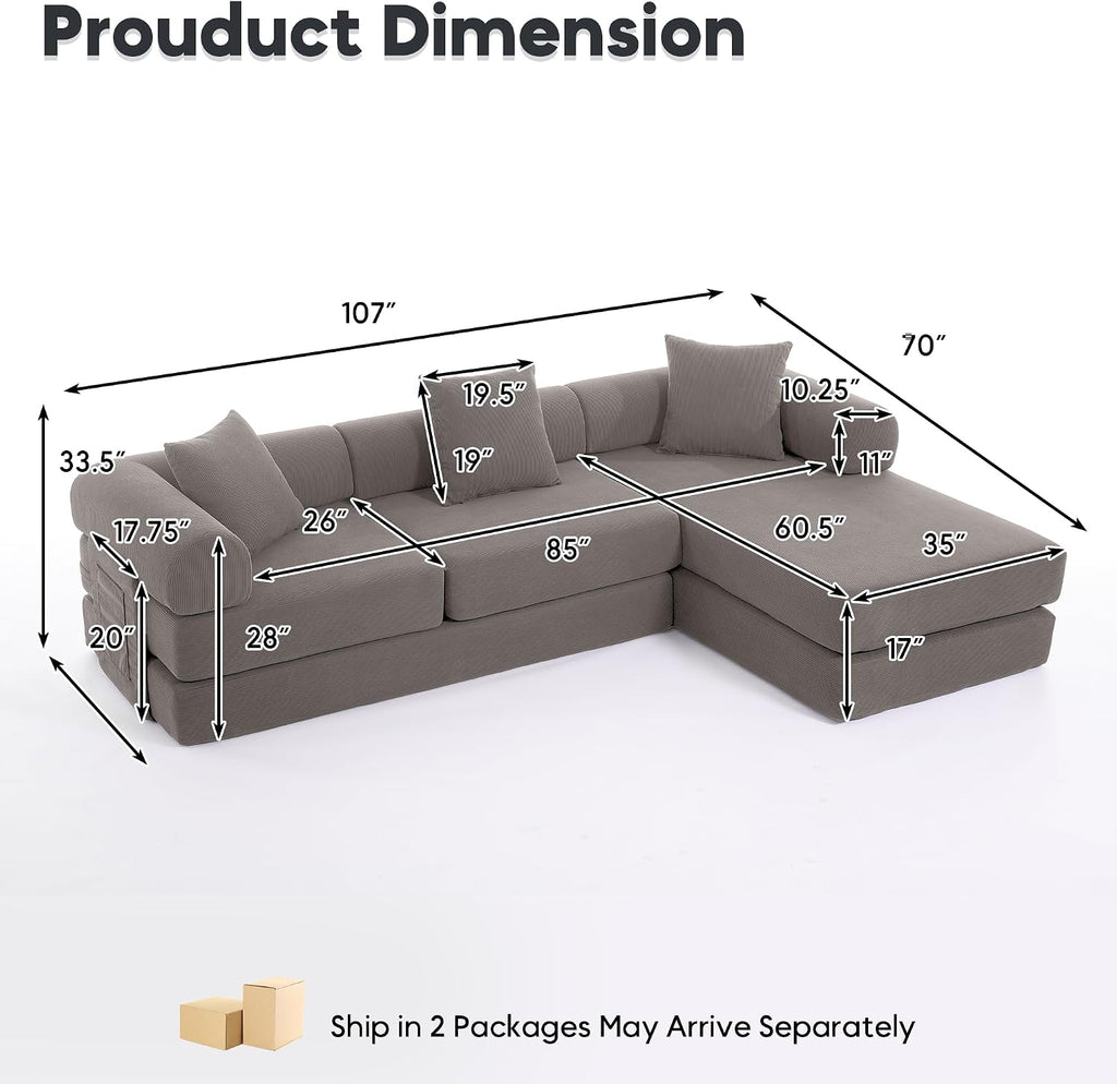 L Shaped Modular Sofa Bed with Cylindrical Pillow & Reversible Chaise, Corduroy Folding Floor Convertible Sofa Couch Bed with Fixed-Shape Frame & Storage Pocket for Living Room, Grey