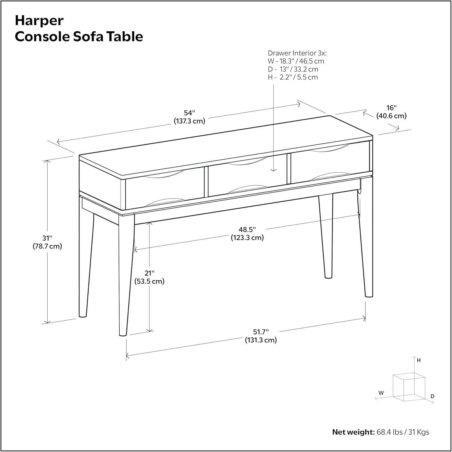 SIMPLIHOME Harper Console Table - 54 Inch Wide Solid Wood Sofa Table in Tawny Brown Teak, Mid-Century Modern Storage Table for Entryway or Living Room with 3 Drawers, Notched Handles, and Tapered Legs
