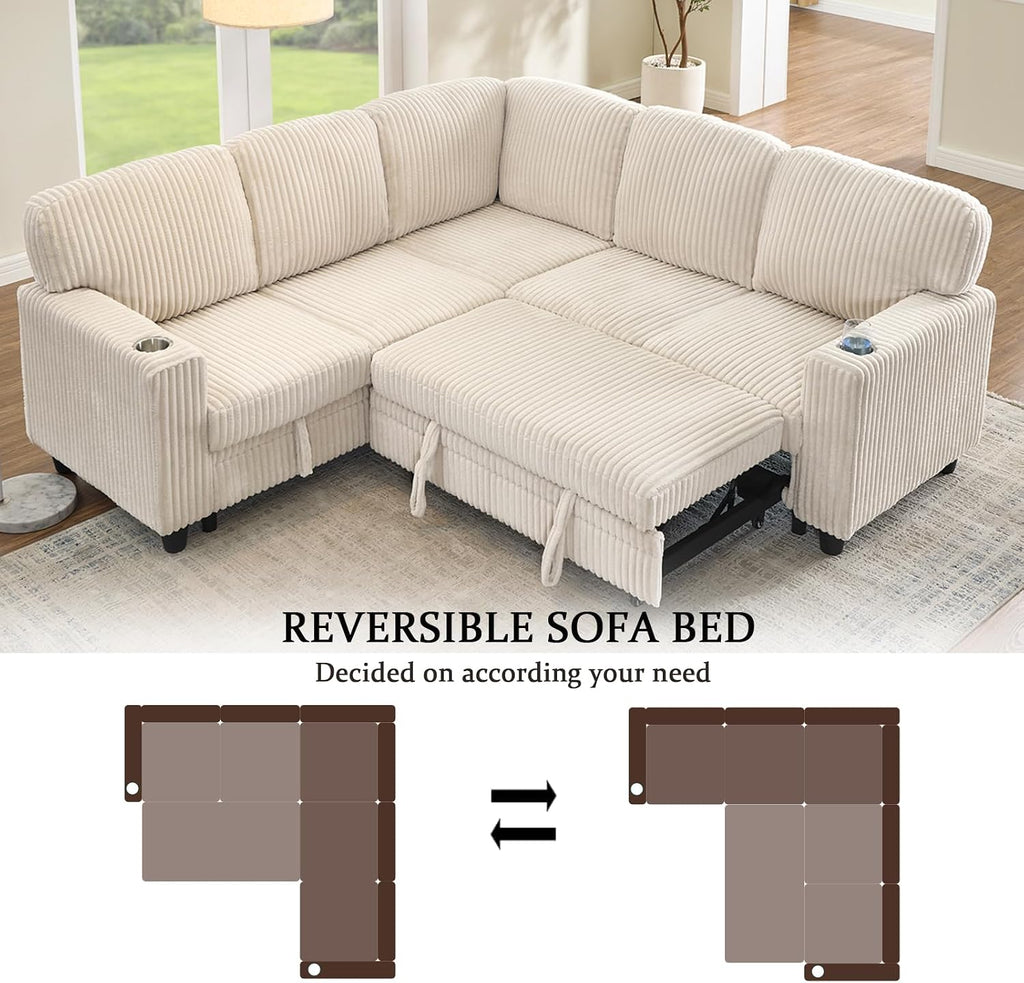 L-Shaped Sectional Couch with Storage and Pull Out Bed, Convertible Sofa Bed with USB Charging and Cup Holders, 5-Seat Modular Sleeper Sofas Convertible Couches for Living Room, Beige