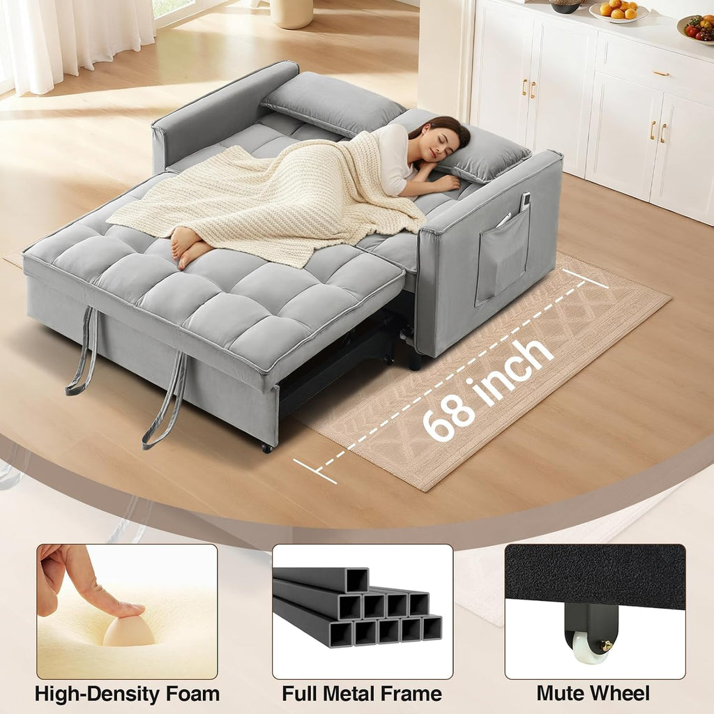 CAPCAEK 3 in 1 Convertible Sleeper Sofa Bed, Modern Velvet Loveseat Pull-Out Couch w/Pullout Bed, Small Love Seat Lounge Sofa w/Reclining Backrest,Toss Pillows, Pockets, for Living Room (Grey, 55.1)