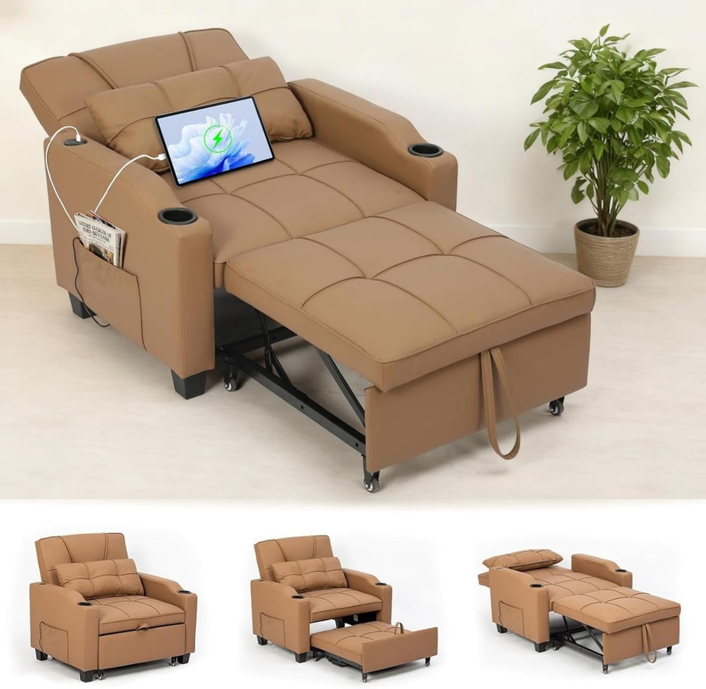 Sleeper Chair Pull Out Bed, 4 in 1 Convertible Sofa Chair Bed with Vibration Massage Lumbar Pillow, Single Sofa Recliner with USB/Type-C Port, Cup Holders and Side Pocket for Small Spaces (Brown)