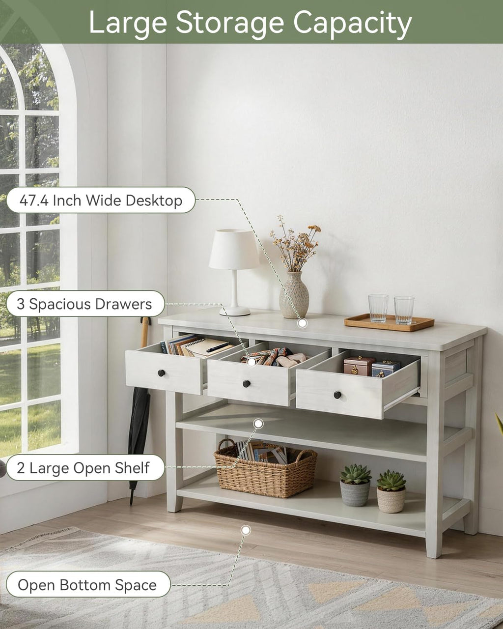 Karl home Console Table Entryway Desk, Sofa Side Table with 3 Drawers 2 Bottom Storage Shelves, Vintage TV Stand for Hallway Living Room Office, Antique White 29.9' H