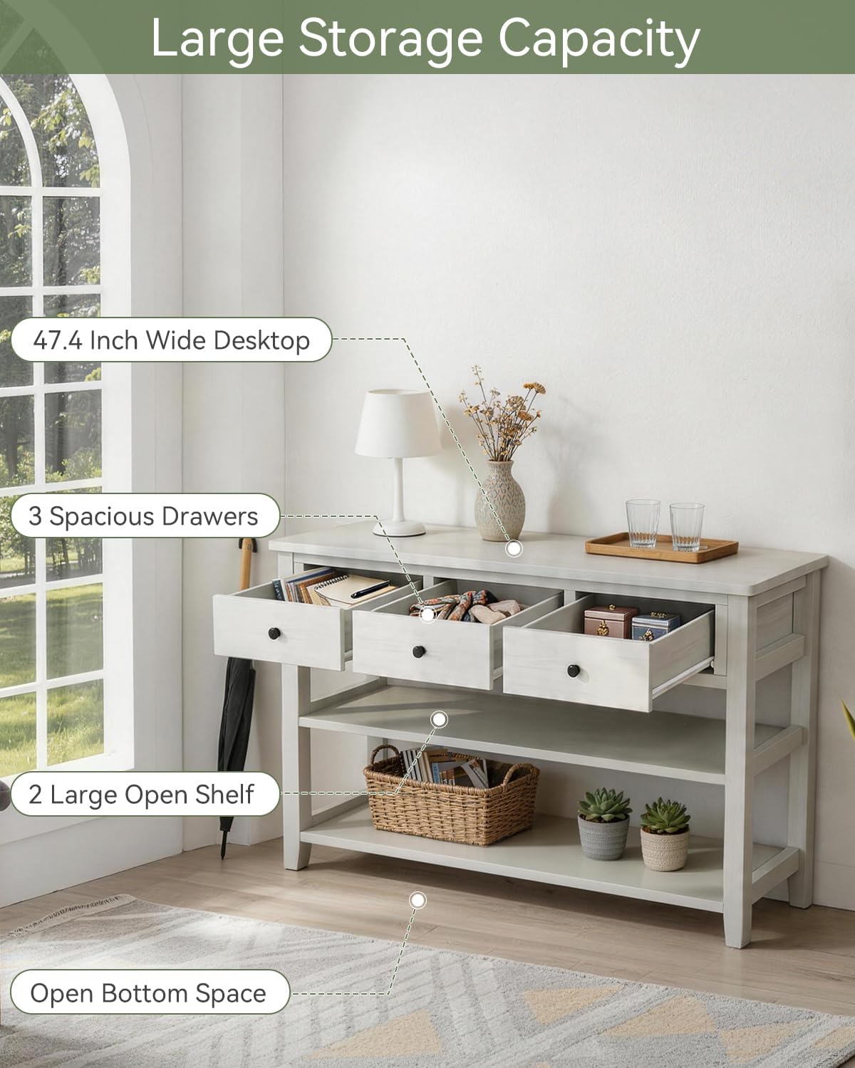 Karl home Console Table Entryway Desk, Sofa Side Table with 3 Drawers 2 Bottom Storage Shelves, Vintage TV Stand for Hallway Living Room Office, Antique White 29.9' H