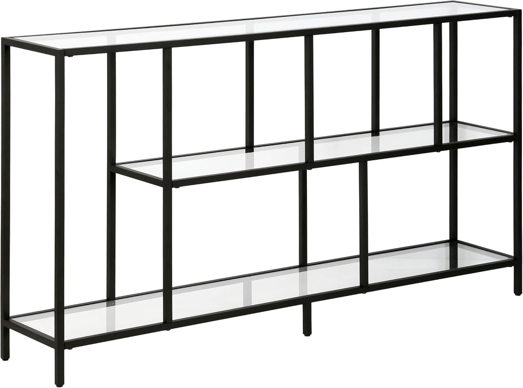 Henn&Hart 52' Wide Rectangular Console Table with Glass Shelves in Blackened Bronze, for Home Office, Living Room
