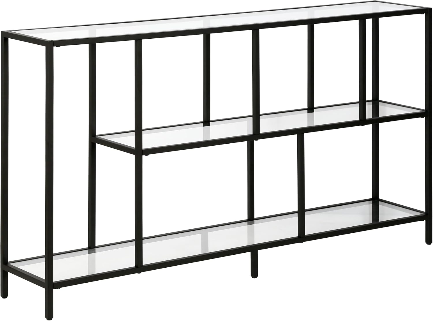 Henn&Hart 52' Wide Rectangular Console Table with Glass Shelves in Blackened Bronze, for Home Office, Living Room