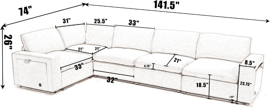 Modular Sectional Couch, L-Shaped Sectional Sofa Chaise with Dual USB-C Charging & Cup Holders, Modern 5 Seat Couches for Living Room with Storage & Armrests, Soft Linen Fabric, Grey