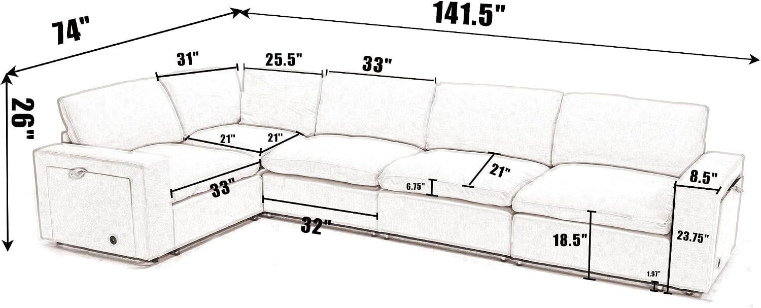 Modular Sectional Couch, L-Shaped Sectional Sofa Chaise with Dual USB-C Charging & Cup Holders, Modern 5 Seat Couches for Living Room with Storage & Armrests, Soft Linen Fabric, Grey