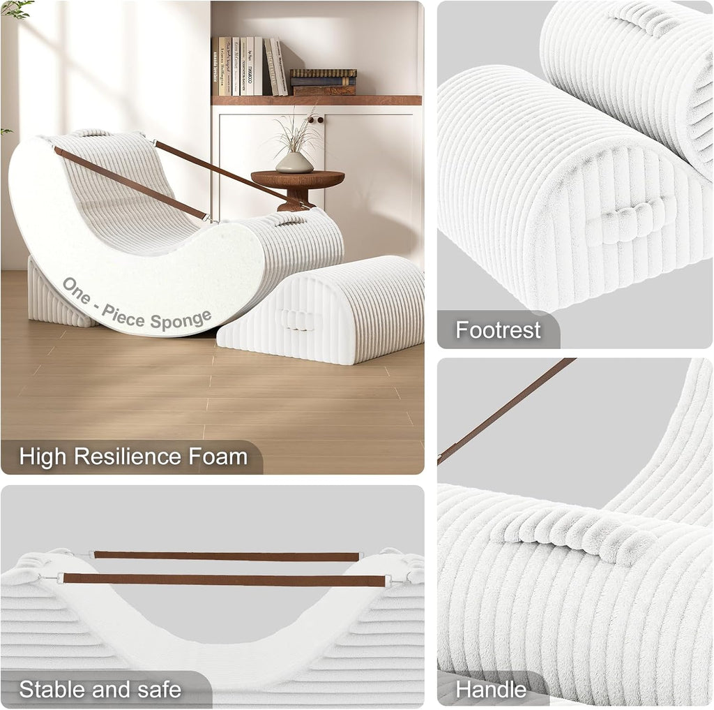 3-in-1 Adjustable Zero Gravity Floor Chair, Oversized Corduroy Boneless Chair for Adults with Memory Foam & Washable Cover, Silent Rocker Recliner Lounge Chair for Reading, Nursing, Gaming, White