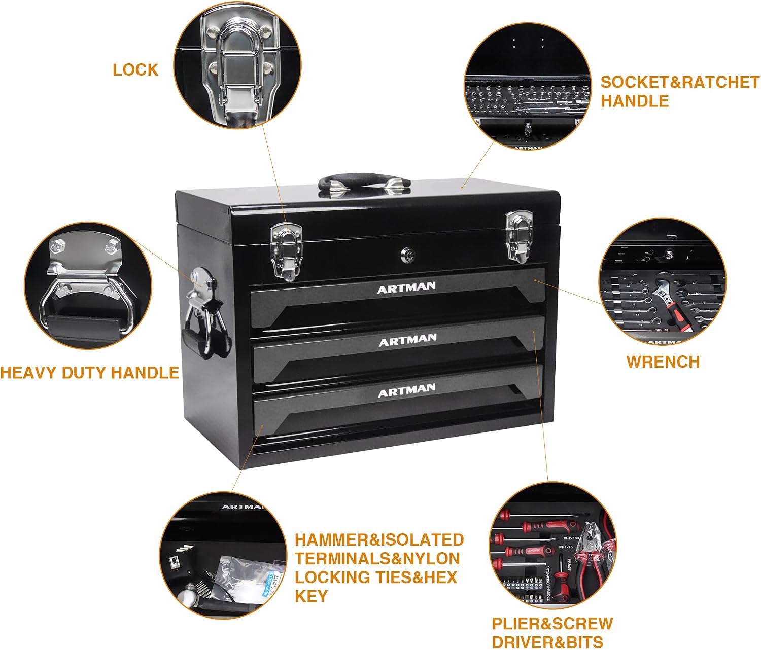 439 Piece Mechanics Tool Set, 3 Drawer Heavy Duty Metal Box with Household Tool Kit, Portable Tool Organizer Case for Auto Repair, Garage, Warehouse, Workshop, Repair Shop (All Black)