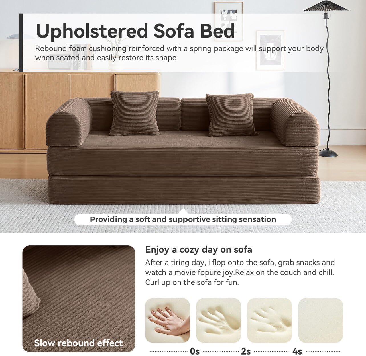 Convertible Modular Sleeper Sofa Bed, Mid Century Modern Decor Love Seat Memory Foam Couches, Sleeper Sofa Bed for Living Room, Solid & Easy to Install Cloud Couch (Brown)
