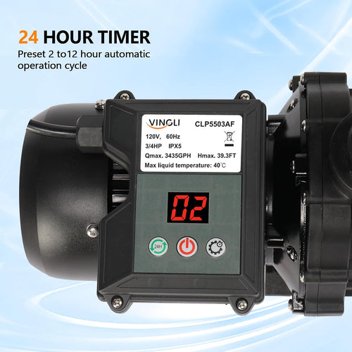(24H Timer) VINGLI Sand Pool Filter 14in Tank With A 3/4HP Pool Pump 115V and Pool Filter Balls, Above Ground Swimming Pool Pump with Filter Basket,Max Flow Rate 3435GPH