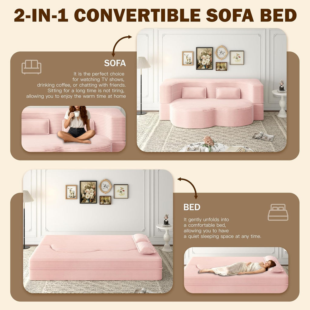 JOYBASE 78' Folding Sofa Bed, Convertible Twin Sleeper Sofa, Minimalist Boneless Cloud Couch for Living Room, Apartment, Bedroom (Baby-Pink Corduroy)