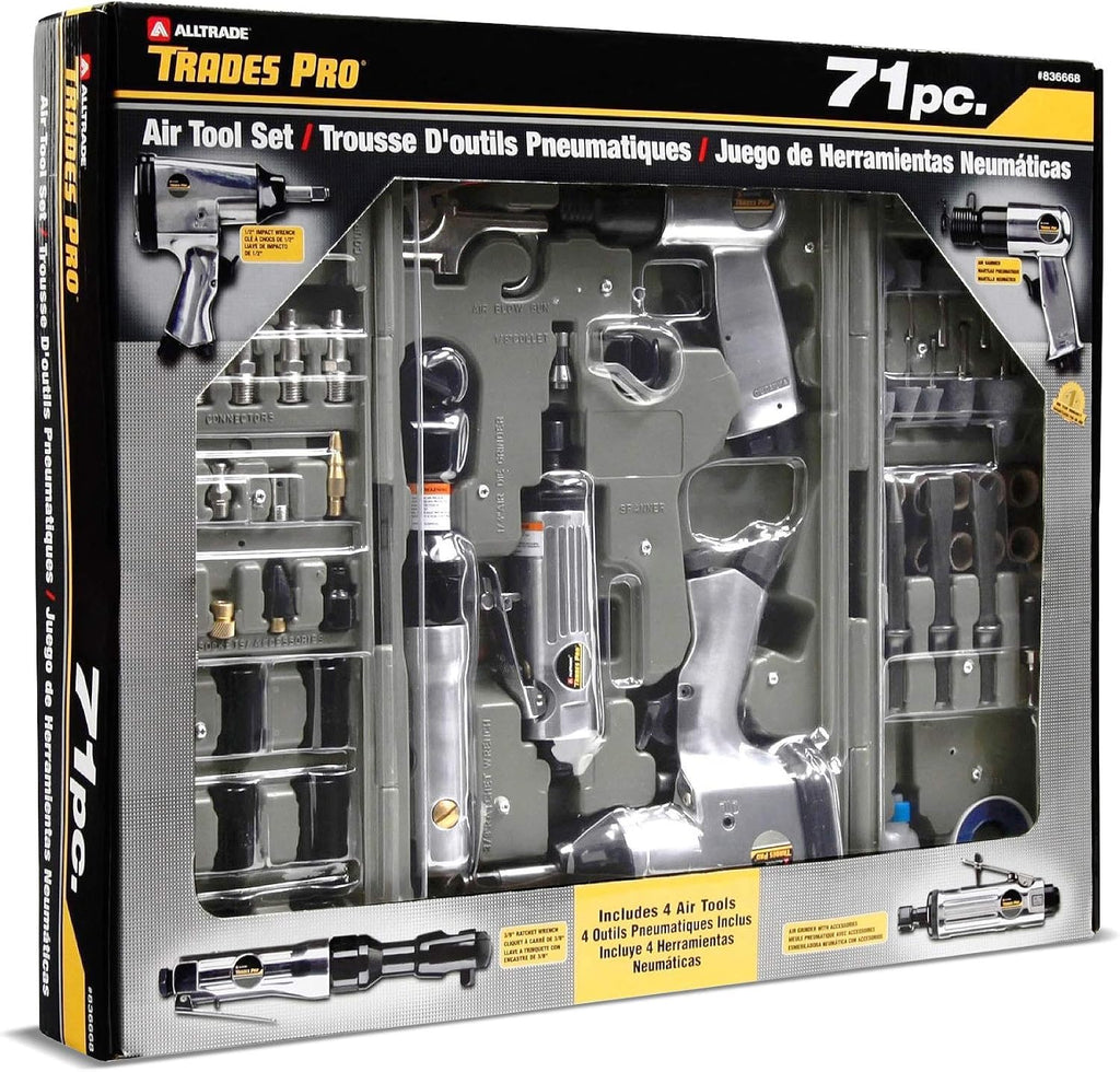 Trades Pro Air Tool and Accessories Kit, 71 Piece, Impact Wrench, Air Ratchet, Die Grinder, Aire Hammer, Hose Fittings, Storage Case - 836668