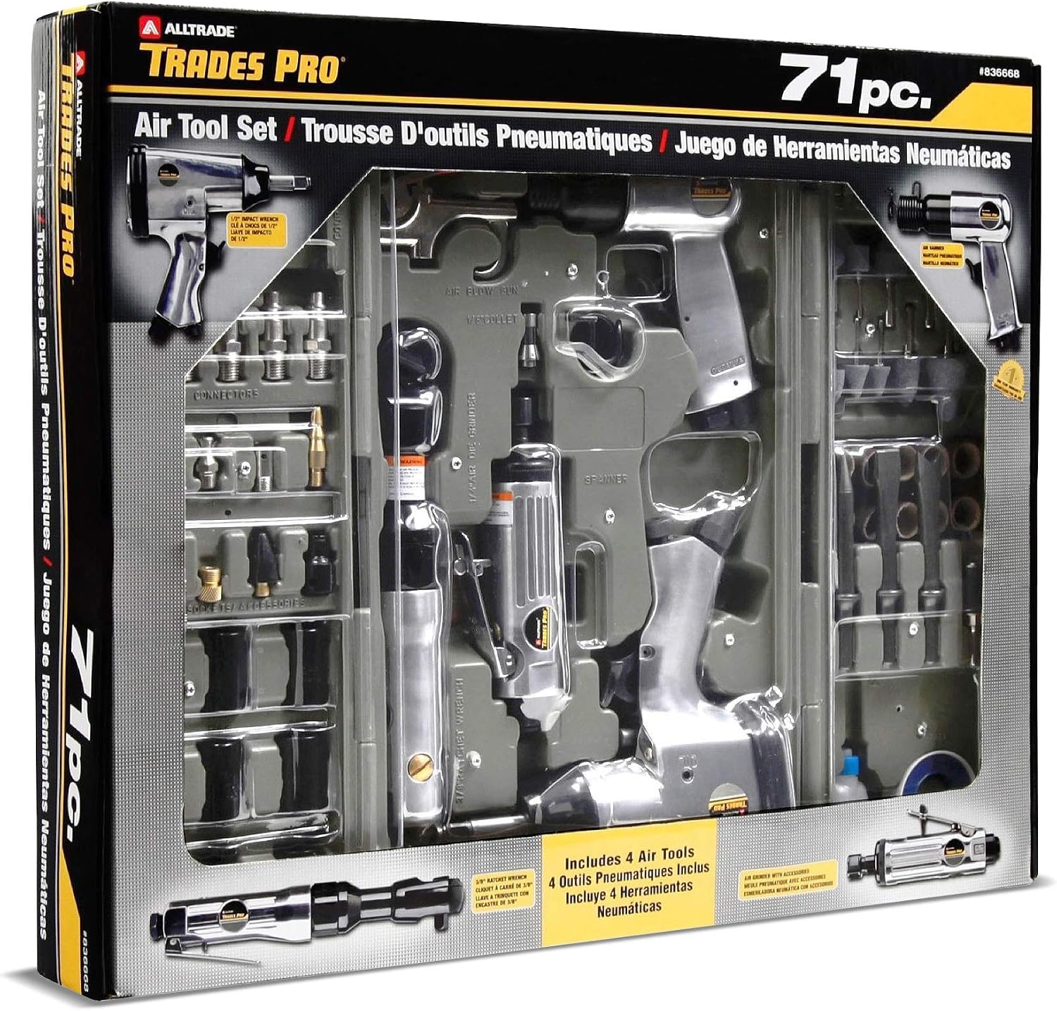 Trades Pro Air Tool and Accessories Kit, 71 Piece, Impact Wrench, Air Ratchet, Die Grinder, Aire Hammer, Hose Fittings, Storage Case - 836668