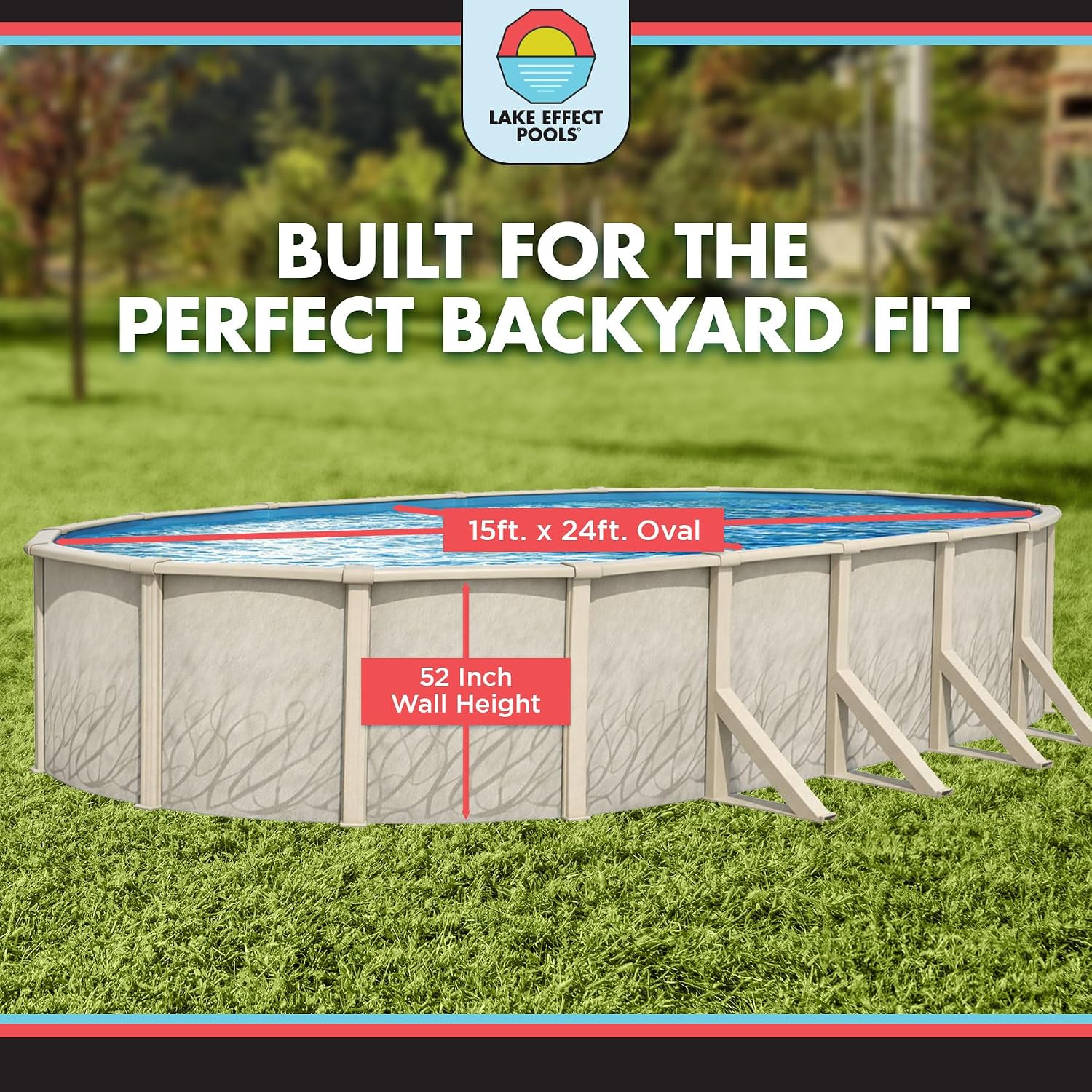 Lake Effect Pools 'Meadows Reprieve' 15 ft x 24 ft Oval Above Ground Swimming Pool Bundle | 52 Inch Steel Sided Walls | Kit Includes: 25 Gauge Liner, A-Frame Ladder, Sand Filter/Pump, & Skimmer