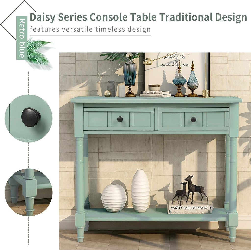 Knocbel Antique Entry Console Table with Drawers & Bottom Open Shelf, Wood Sofa Tables for Entryway Hallway Living Room, 35.43' W x 13.8' D x 30.25' H, Retro Blue