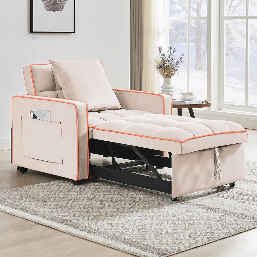 3 in 1 Convertible Sleeper Sofa Chair, 35' Pull Out Sofa Bed Recliner for Adult with Adjustable Backrest, Velvet Fabric Sleeper Couch Single Modern Chair for Living Room Bedroom, Cream White