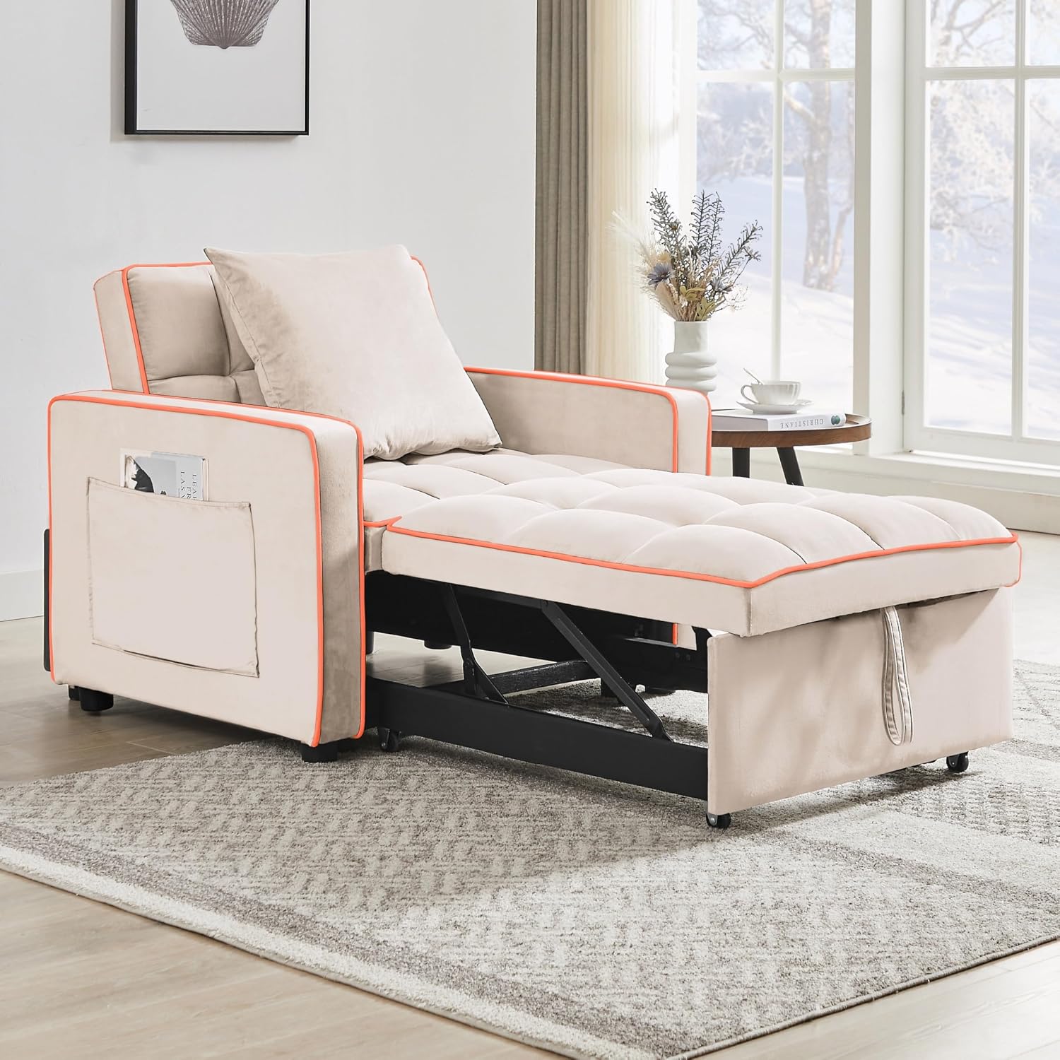 3 in 1 Convertible Sleeper Sofa Chair, 35' Pull Out Sofa Bed Recliner for Adult with Adjustable Backrest, Velvet Fabric Sleeper Couch Single Modern Chair for Living Room Bedroom, Cream White