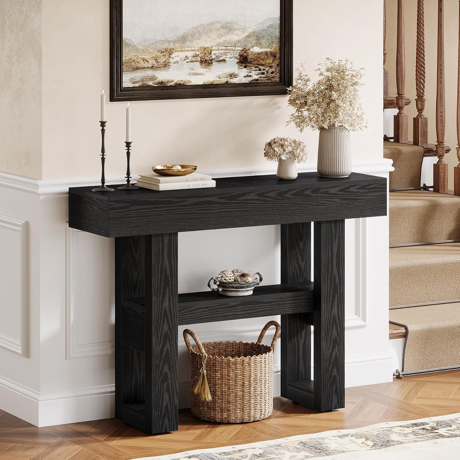 Tribesigns 41.34-Inch Farmhouse Console Table, 2-Tier Narrow Sofa Table Behind The Couch, Entryway Furniture with Storage Shelves for Hallway Foyer Living Room, Black