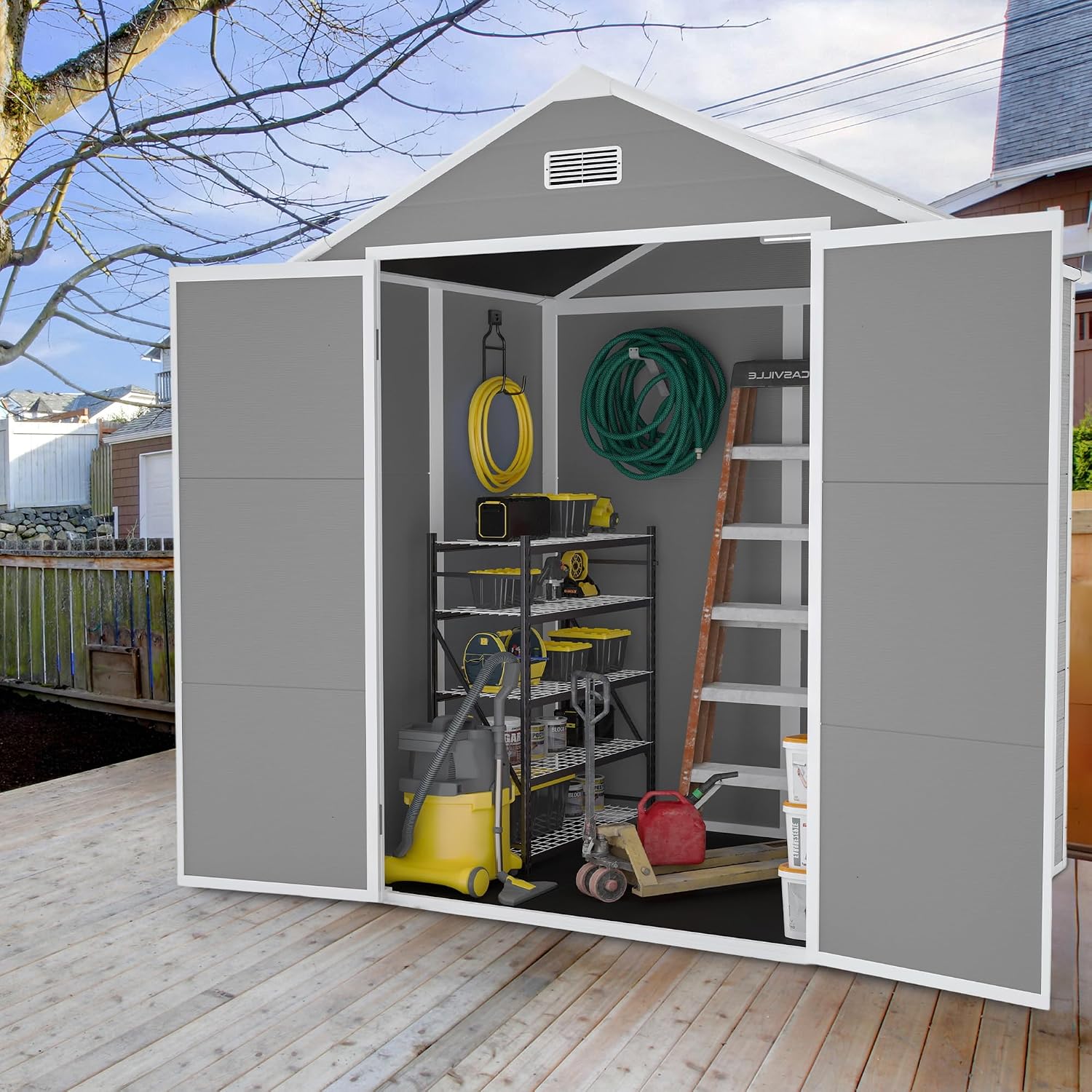 YOPTO 6x5 FT Resin Outdoor Storage Shed with Floor, All-Weather Plastic Shed with Lockable Doors, Window & Vents, Utility Plastic Tool Shed Storage House for Backyard, Patio, Light Grey