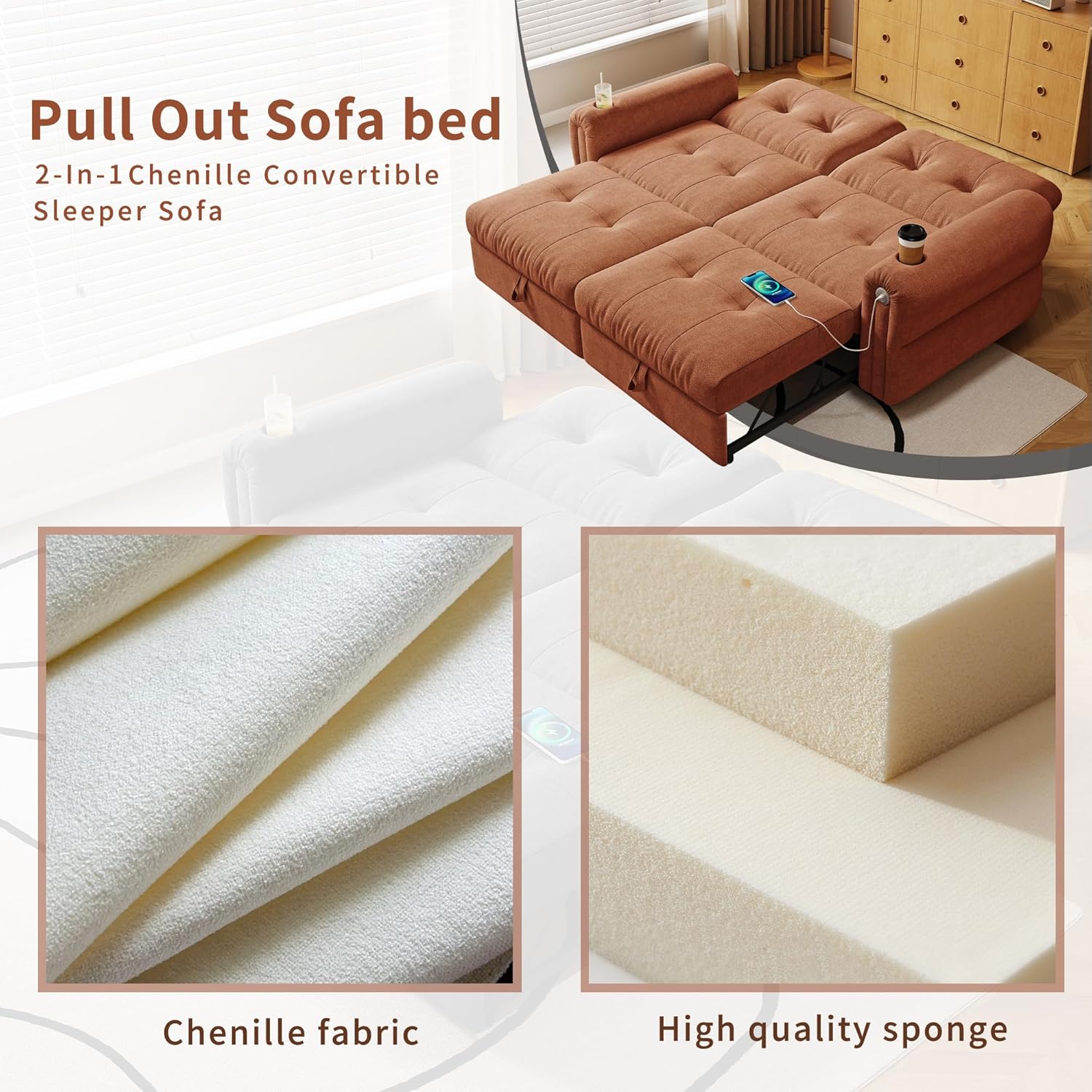 77' Queen Size Sofa Bed, Loveseat Sleeper Sofa with Pull Out Bed and USB, 2 Seater Convertible Small Couch for Living Room Bedroom Apartment (Orange, Chenille)