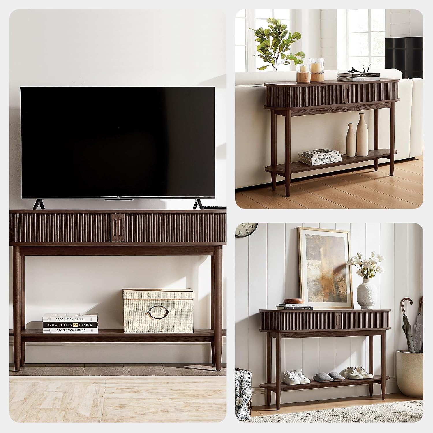 LINSY Fluted Console Table with Storage, Entryway Table Wood Entrance Tables for Front Door, Behind Couch Sofa Table with Shelves, Foyer Tables for Hallways, Living Room Vintage Furniture, Walnut