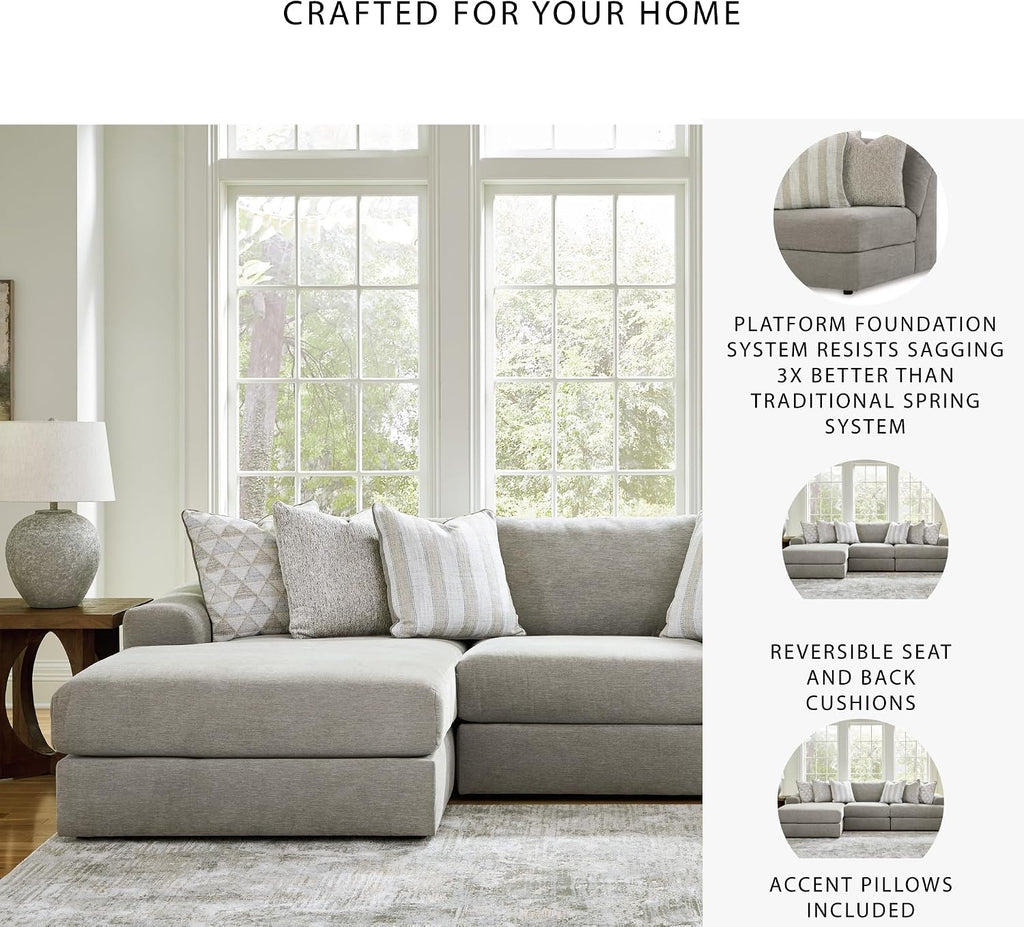 Signature Design by Ashley Avaliyah Casual L-Shaped 3-Piece Sectional with Chaise with Reversible Cushions and 6 Accent Pillows, Light Gray