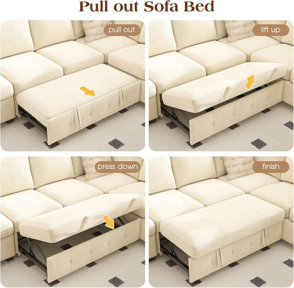 Ihanherry L-Shaped Sectional Sofa Bed with Storage, 5-Seater Convertible Pull Out Sleeper Sofa with USB Charging Ports, 4 Pillows & Wide Armrests, Chenille Fabric for Living Room, Apartment（Beige）