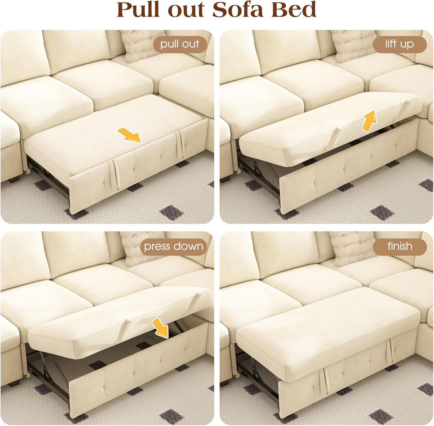 Ihanherry L-Shaped Sectional Sofa Bed with Storage, 5-Seater Convertible Pull Out Sleeper Sofa with USB Charging Ports, 4 Pillows & Wide Armrests, Chenille Fabric for Living Room, Apartment（Beige）