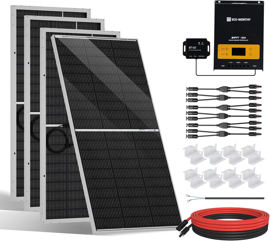 ECO-WORTHY 800W 12V Mono Solar Panel Off Grid RV Boat Kit: 4pcs195W Solar Panels + 12V 60A MPPT Charger Controller+ Bluetooth Module 5.0 + 16Ft Solar Cable + Z Mounting Brackets