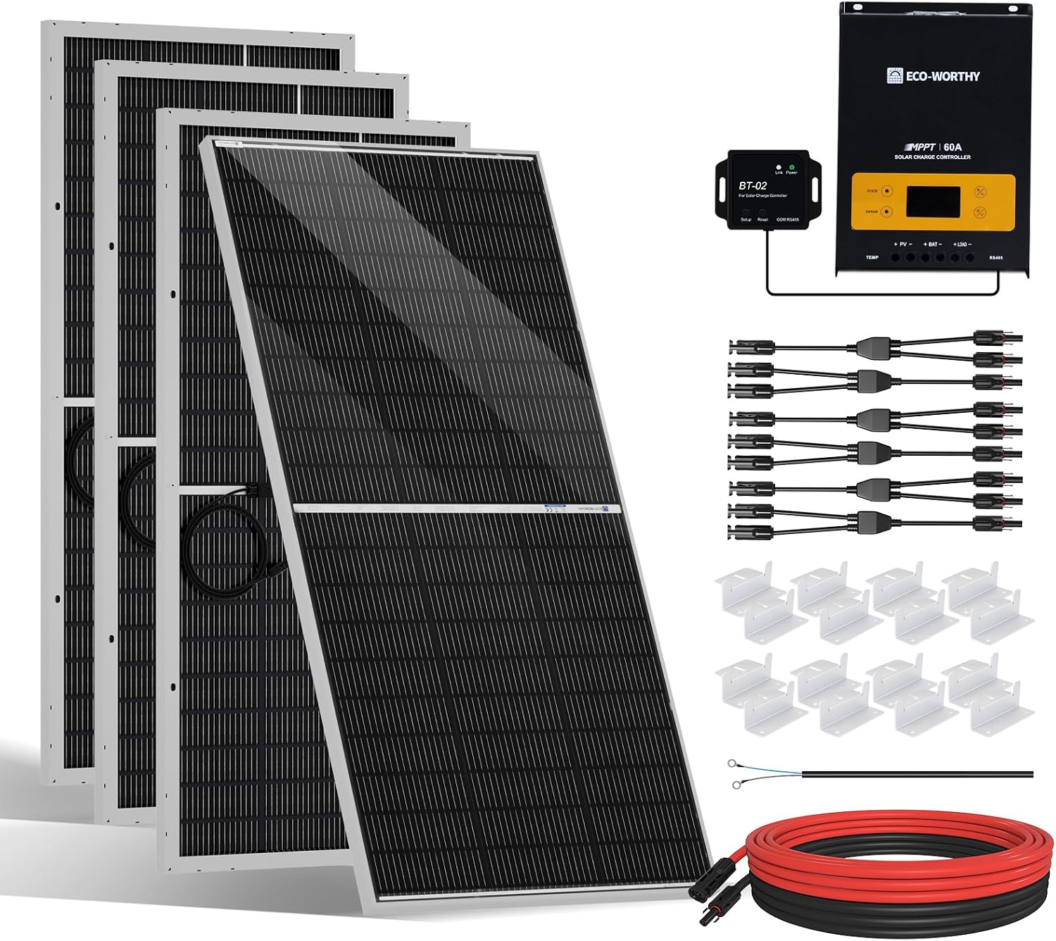 ECO-WORTHY 800W 12V Mono Solar Panel Off Grid RV Boat Kit: 4pcs195W Solar Panels + 12V 60A MPPT Charger Controller+ Bluetooth Module 5.0 + 16Ft Solar Cable + Z Mounting Brackets