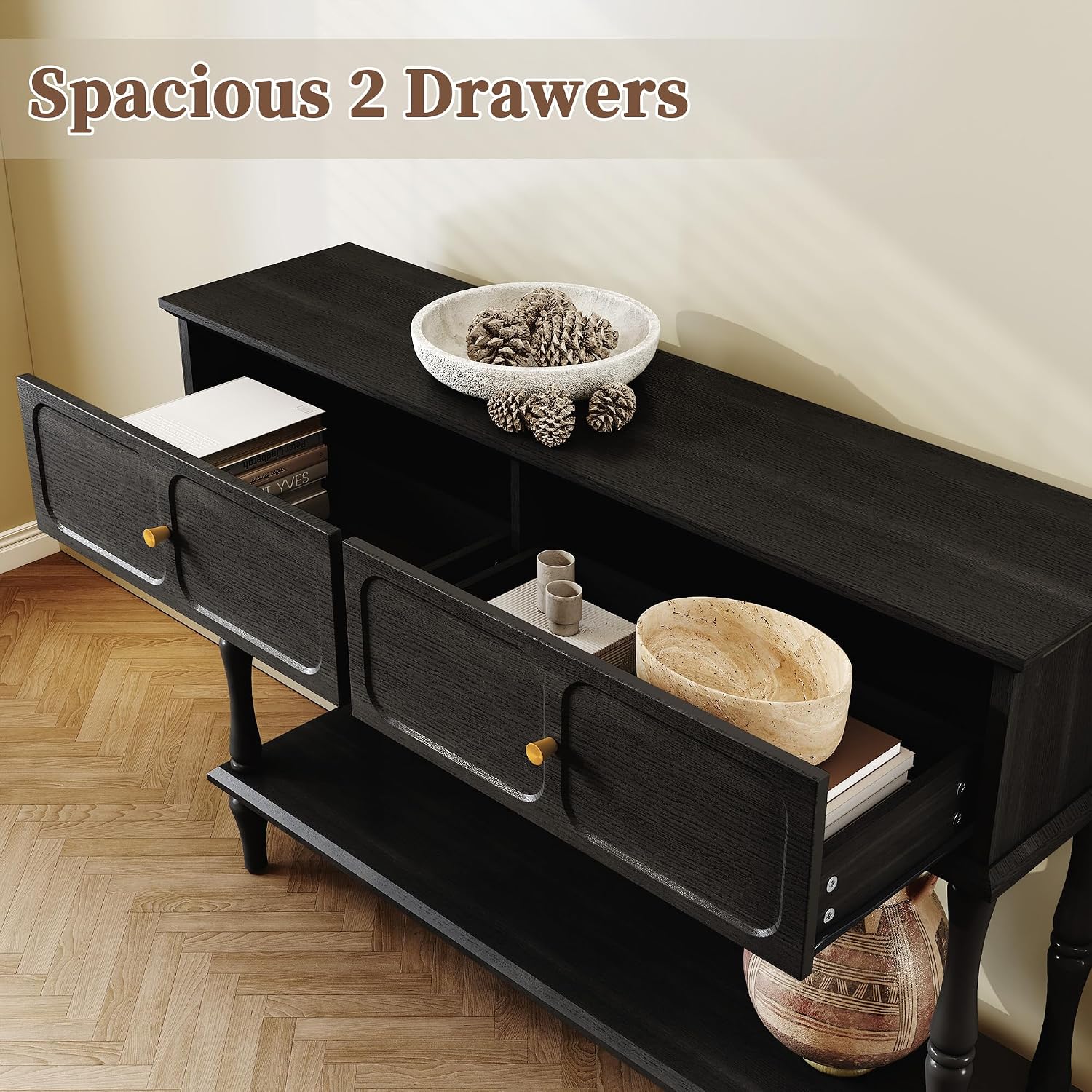 ARTPOWER Console Table with Drawers for Entryway, Mid-Century Entryway Table with Storage, Black Narrow Entryway Table with Open Shelf Behind Sofa for Living Room, Foyer, Hallway