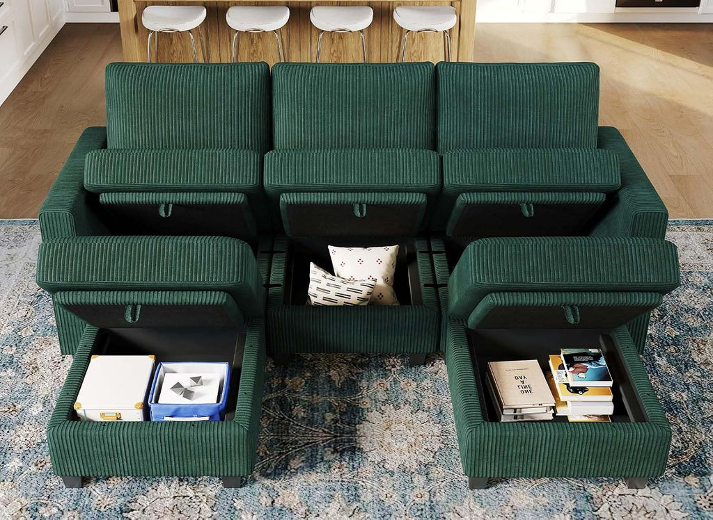 Belffin Modular Sectional Sleeper Sofa with Storage Ottoman, Corduroy Luxury Sectional Sofa with Chaise, Convertible Modern Sectional for Living Room, Green