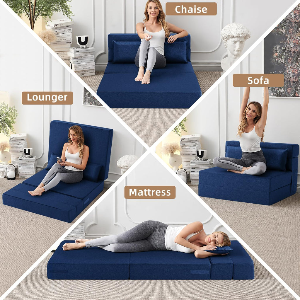 FILUXE Folding Sofa Bed | Convertible Sleeper Chair Bed for Adults, Fold Out Chair to Bed Linen Futon Chair with Pillow, for Home Dorm Apartment RV Living Room, Standard Size, Navy Blue