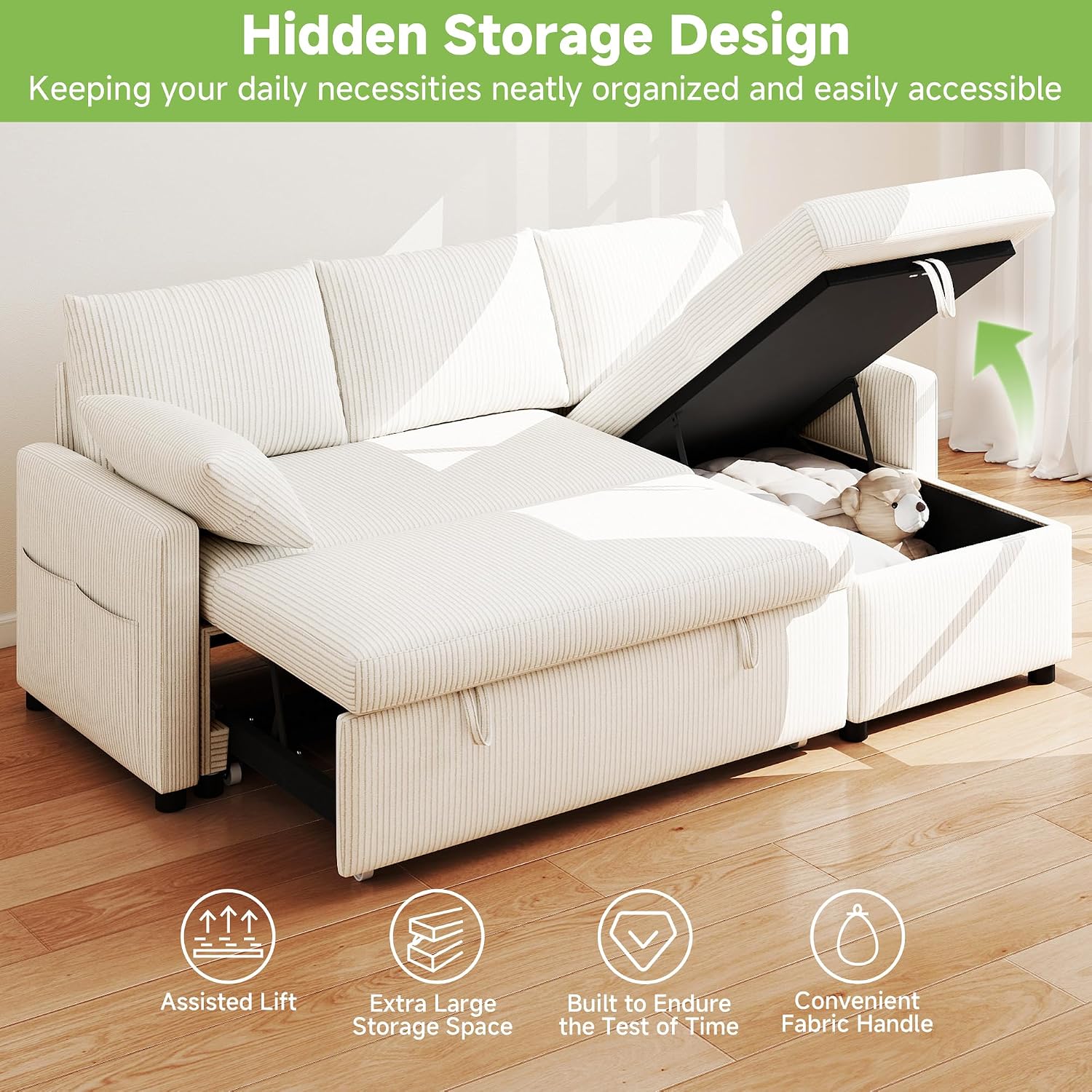 Real Relax 80'' Sofa Bed, L Shaped Corduroy Sleeper Sofa Couch with Pull Out Bed and Chaise Storage for Living Room, Apartment and Office, Beige