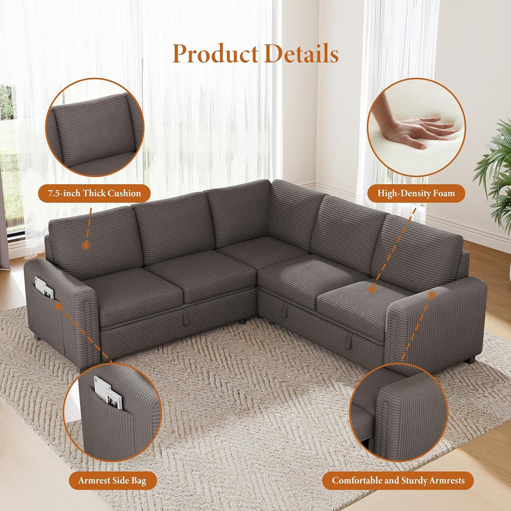 Vesgantti 88.4' Sleeper Sectional Couch with Pull Out Bed, 5 Seater L Shaped Modular Sectional Sofa with Storage, Comfy Corduroy Modular Sofa for Living Room, Bedroom, Apartment, Light Coffee