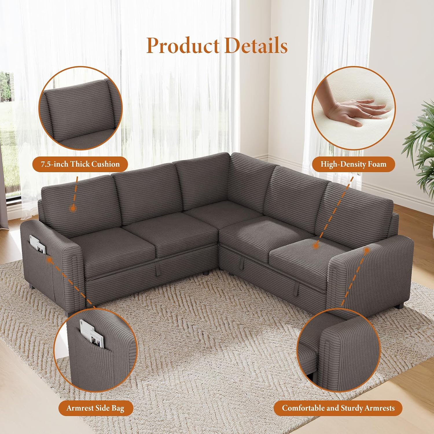 Vesgantti 88.4' Sleeper Sectional Couch with Pull Out Bed, 5 Seater L Shaped Modular Sectional Sofa with Storage, Comfy Corduroy Modular Sofa for Living Room, Bedroom, Apartment, Light Coffee