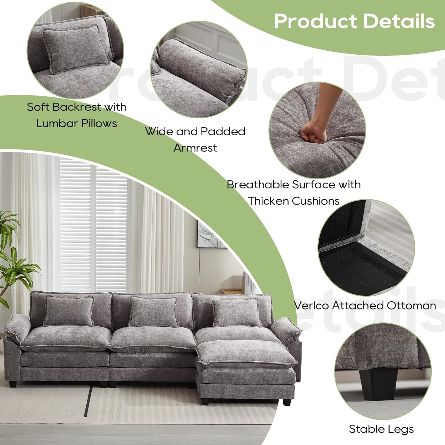 Oprisen 120' Modular Sectional Sofa, Comfy Cloud Couch Sectional Sofa with Ottoman, Chenille Sofa Sleeper Deep Seat Sofa with Throw Pillows for Living Room (Light Gray, 120'- L Shape)