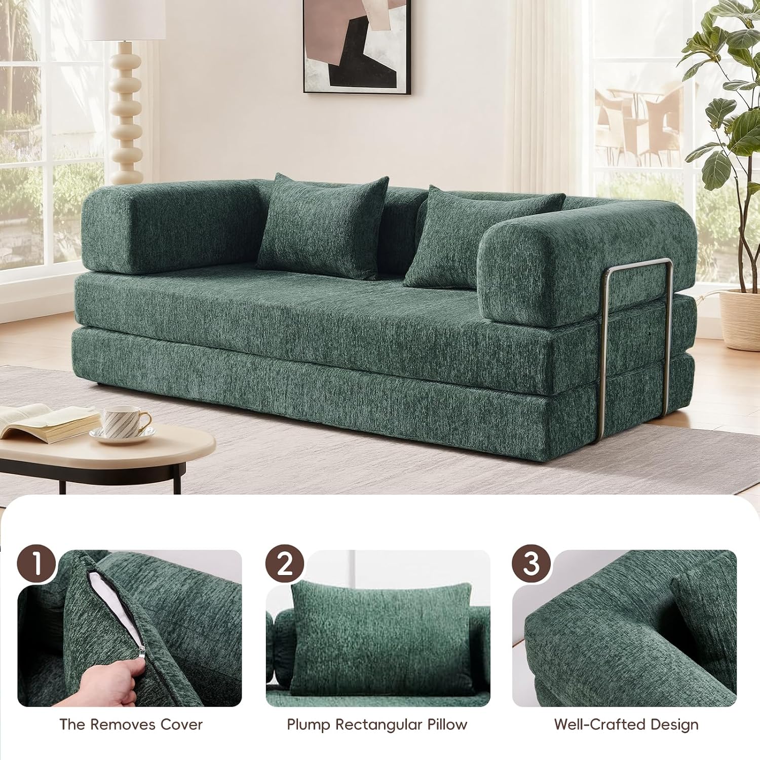 5-in-1 Convertible Folding Sofa Bed, 79' Queen Chenille Boneless Couch with Removable Armrests, No Assembly Loveseat Sleeper Sofa, Modular Futon Couch for Living Room & Bedroom (Emerald Green) | 5-in-1 Convertible